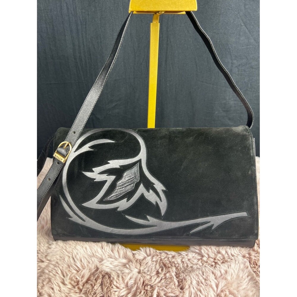 BALLY Vintage Black Suede Envelope Clutch Shoulder Bag Silver Leaf Motif EUC